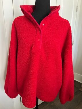 LOFT Bright Red Plush Half-Snap V-Neck Sweater
